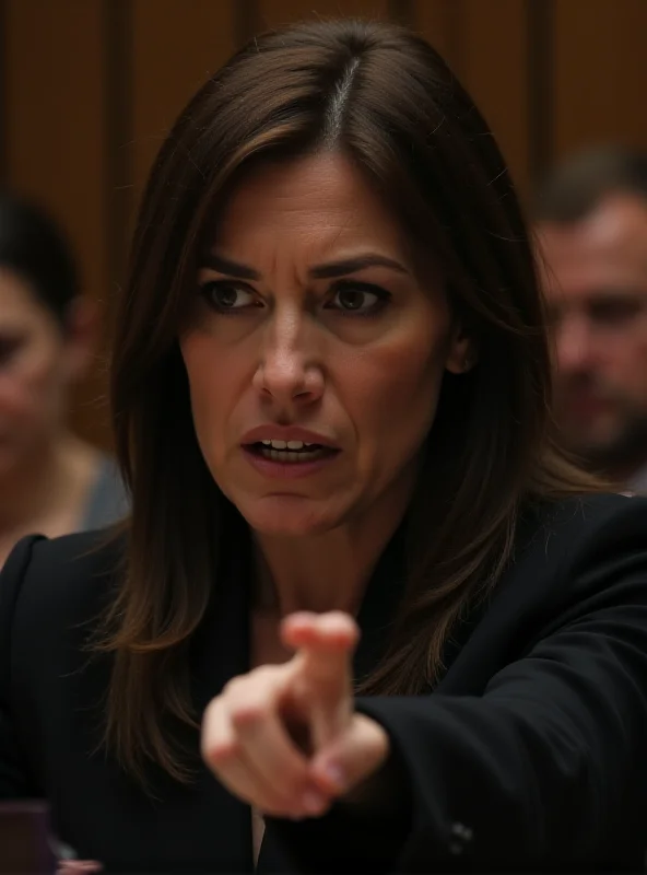 A woman testifying in court, looking distressed and pointing towards the defendant.