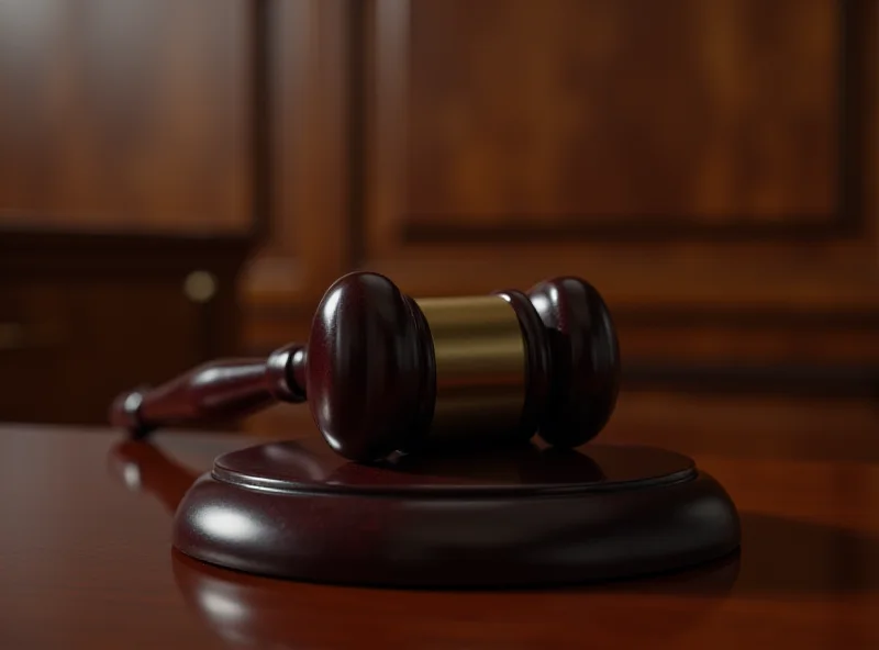 Close-up of a gavel resting on a sound block in a courtroom, symbolizing justice and the legal process.