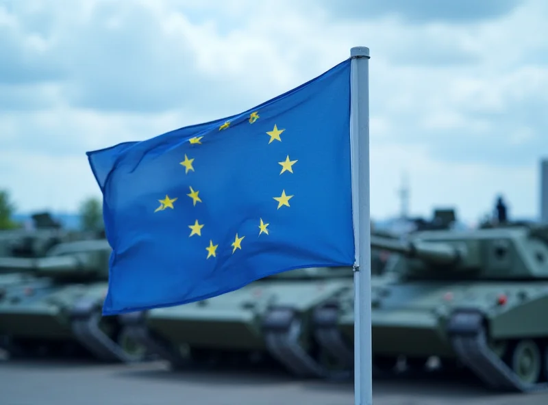 Image of EU flag with military equipment in the background