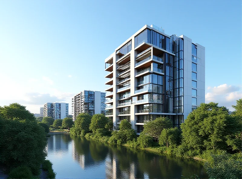 Architectural rendering of modern riverside apartments in Leeds, UK.