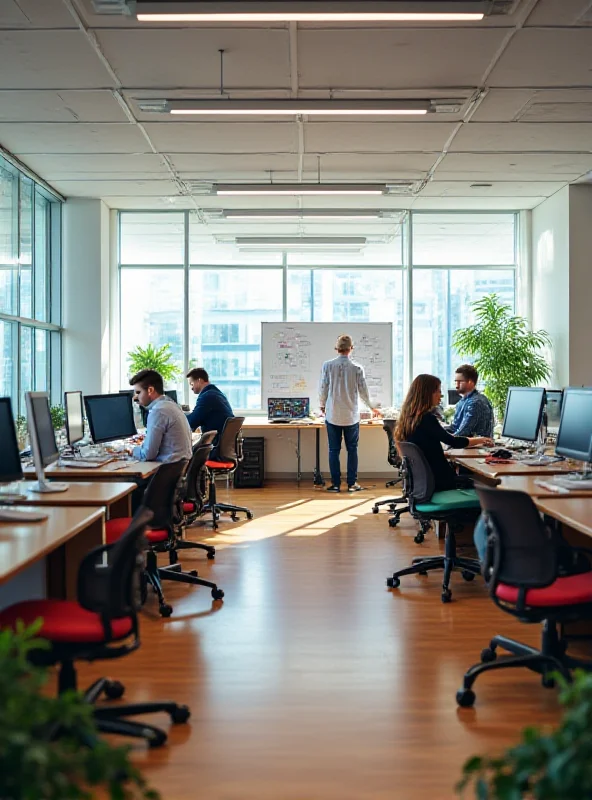 A modern office space with employees collaborating on AI projects.