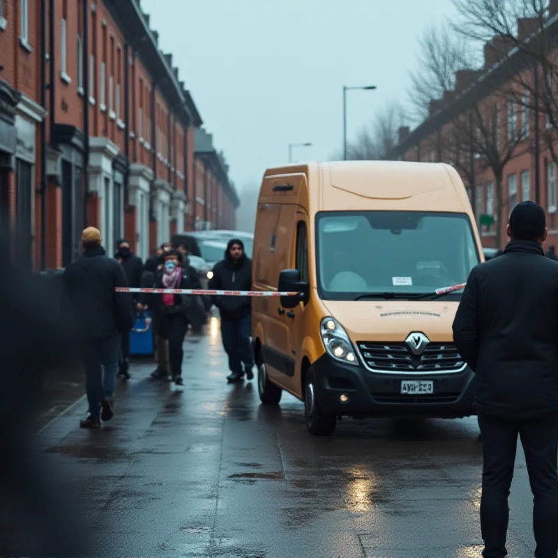 A solemn scene depicting an Amazon delivery van parked on a street in Leeds, with blurred figures in the background conveying a sense of mourning and respect.