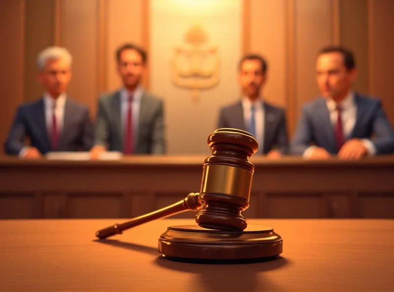 Illustration of a gavel striking a sounding block in a courtroom, symbolizing justice and legal proceedings.