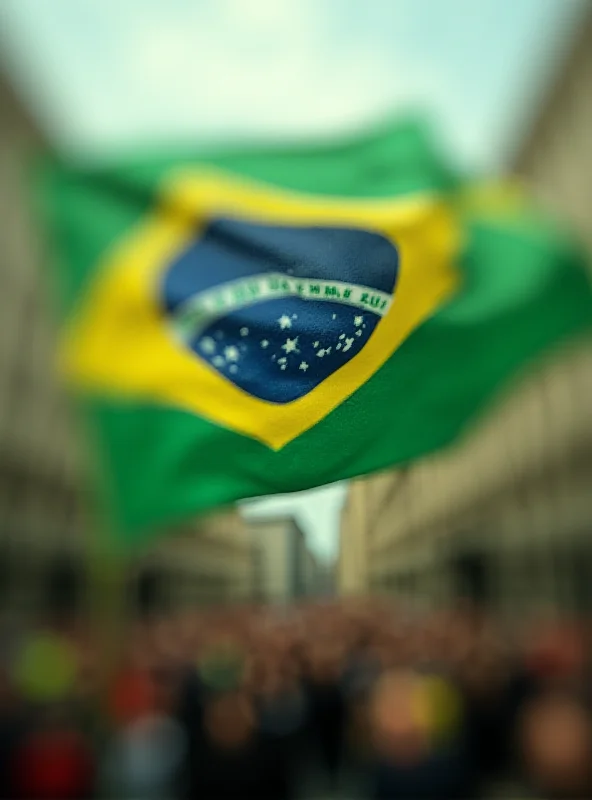 A close-up, slightly blurred image of the Brazilian flag waving in the wind, symbolizing the political context of the coup accusation.