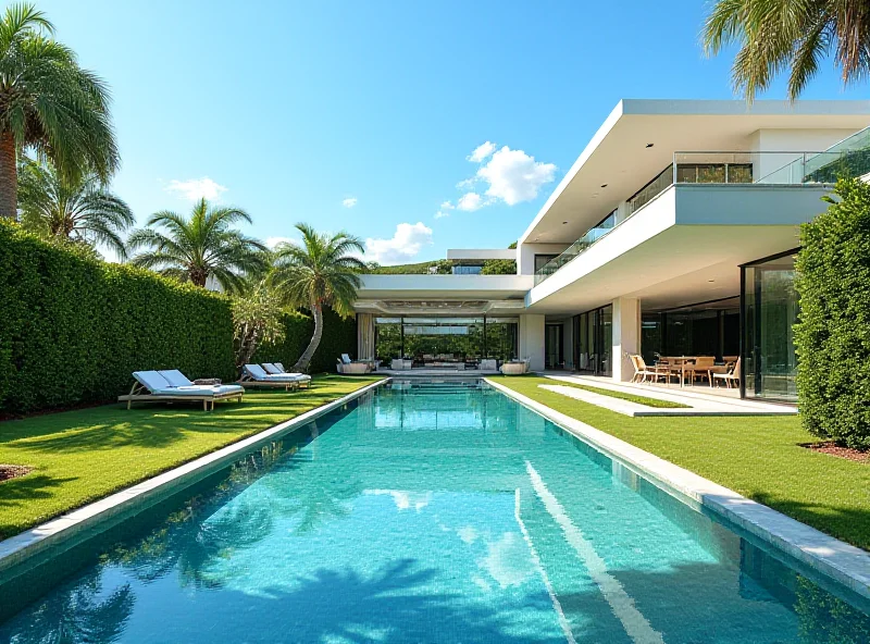 An upscale mansion in Rio de Janeiro with a swimming pool and lush green landscaping.