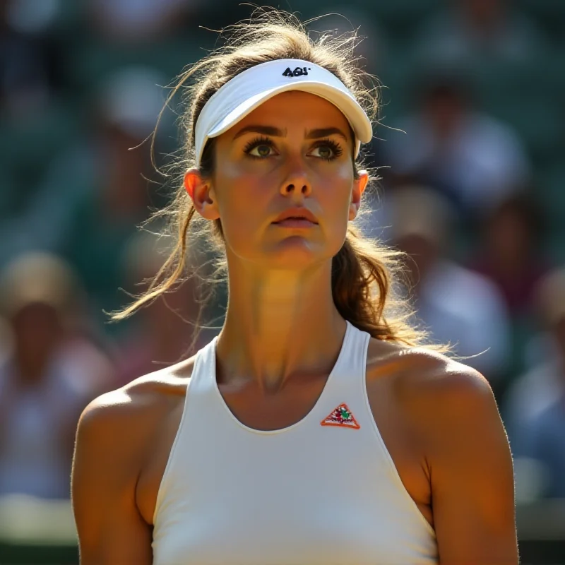 Emma Raducanu looking focused and determined during a tennis match, with a concerned expression.