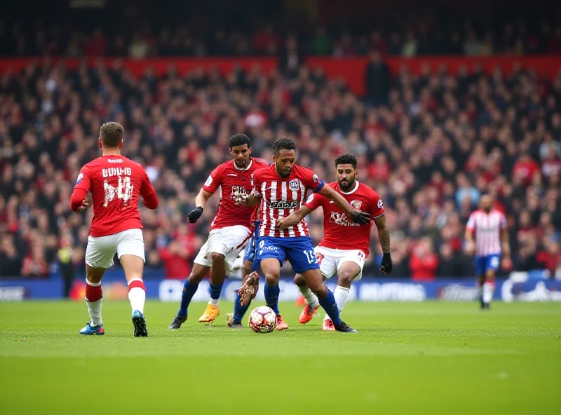 A tense scene from a Leicester City football match, with players battling for the ball.