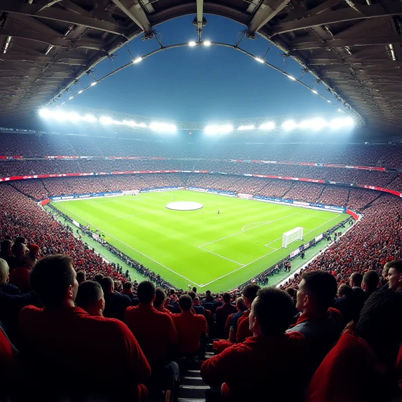 A wide shot of the Leicester City stadium during a match, showing fans in the stands cheering their team.