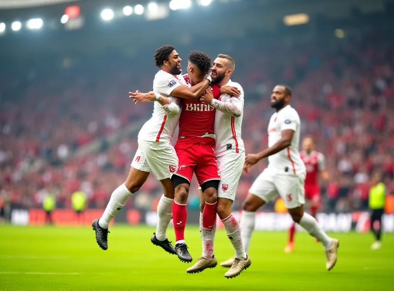 RB Leipzig players celebrating a goal during a DFB Cup match.