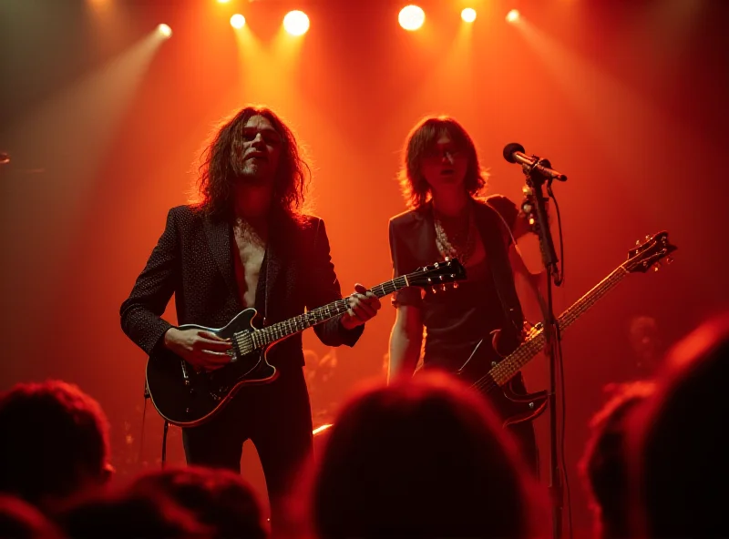 Leiva and Robe performing together on stage, bathed in warm stage lighting, surrounded by their band. Leiva is on guitar and Robe is singing into a microphone.