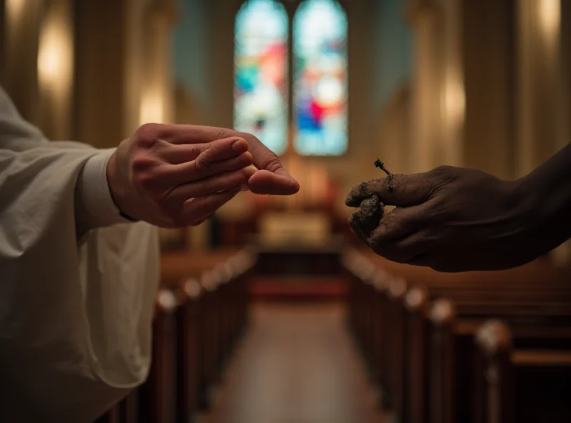 A priest applying ashes to a person's forehead in the shape of a cross during an Ash Wednesday service.