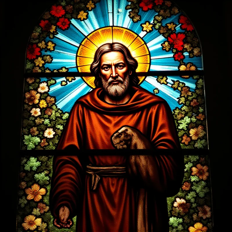 A stained-glass window depicting St. Francis of Assisi.