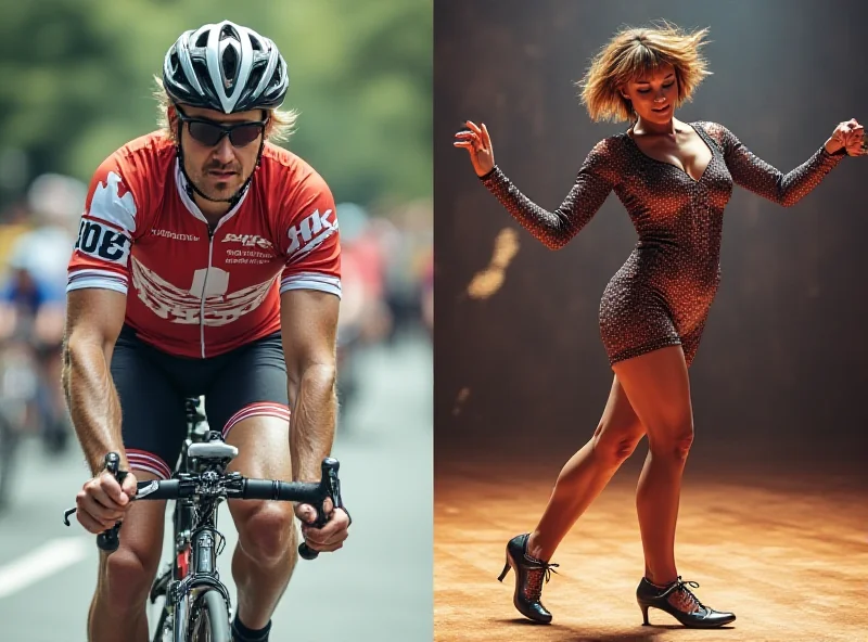 Peter Sagan in cycling gear juxtaposed with him in dancing shoes.