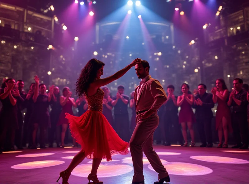 A brightly lit dance floor with two dancers in elegant costumes mid-performance, surrounded by a cheering audience.