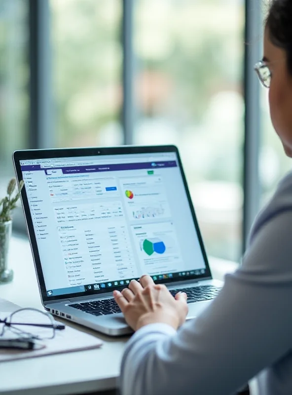 A content marketer reviewing keyword ranking data on a laptop, with various charts and graphs displayed.