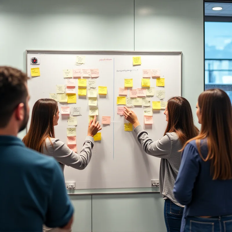 A diverse team collaborating on a stakeholder map, using sticky notes and a whiteboard to visualize relationships and influence.