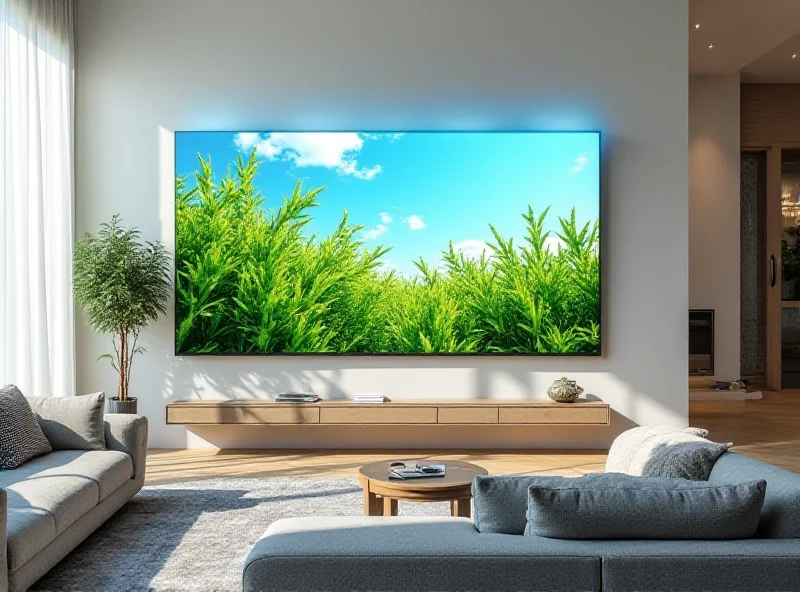 A large LG QNED TV displaying a vibrant nature scene in a modern living room.