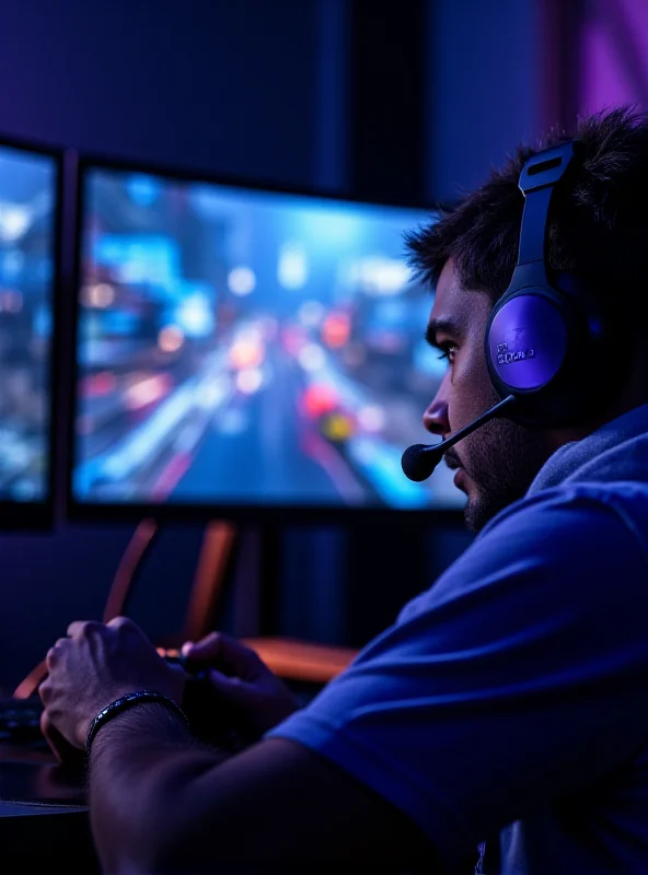 A gamer intensely focused on a fast-paced video game being displayed on a curved LG UltraGear gaming monitor.