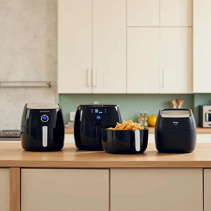 A variety of air fryers from different brands like Tefal, Philips, and Ninja, displayed on a kitchen countertop.