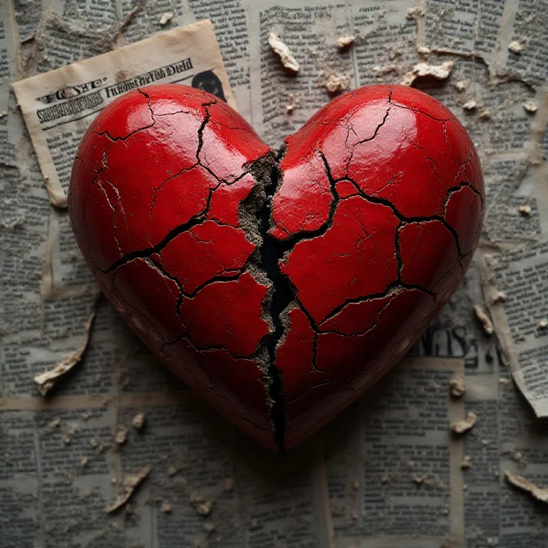 A symbolic representation of a broken heart with news headlines surrounding it