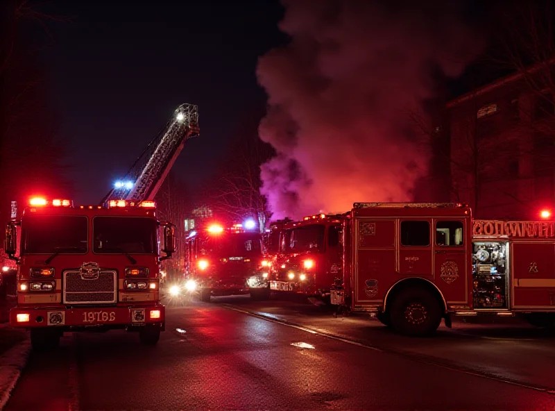 A fire truck at night with flashing lights near a building