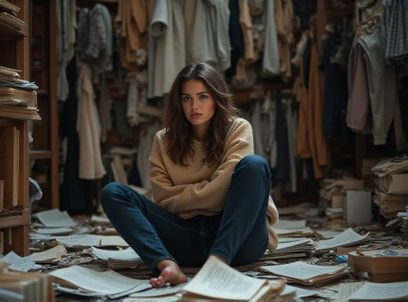 A person sitting amidst a chaotic, messy room, looking thoughtful.