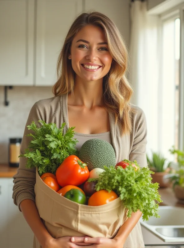 Image of a woman happily holding a reusable shopping bag filled with groceries, suggesting the habit of being prepared and eco-conscious.