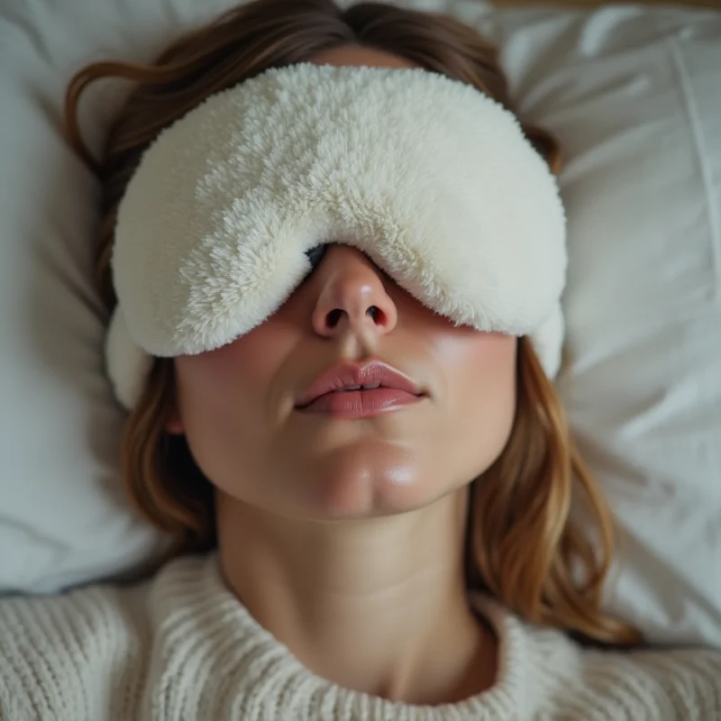 Close-up of a person wearing a plush, comfortable-looking sleep mask, with a blurred background suggesting a relaxed bedroom environment.