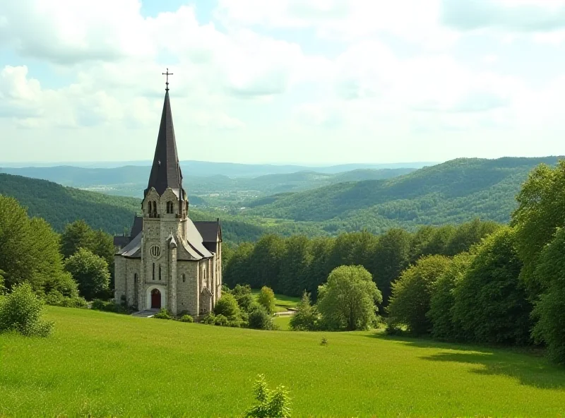 A wide shot of Dydnia, Poland, showing the neo-Gothic church and surrounding hills.