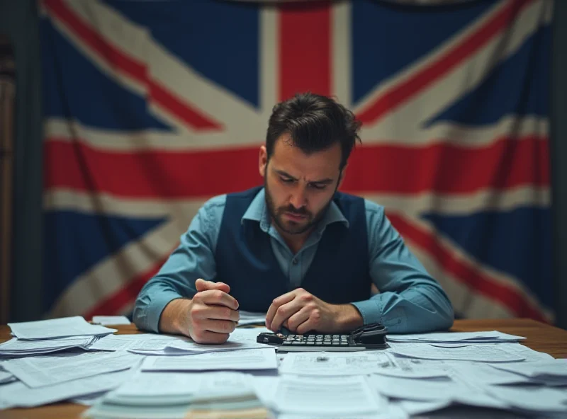 A person looking confused at a pile of tax documents with the Union Jack flag in the background.