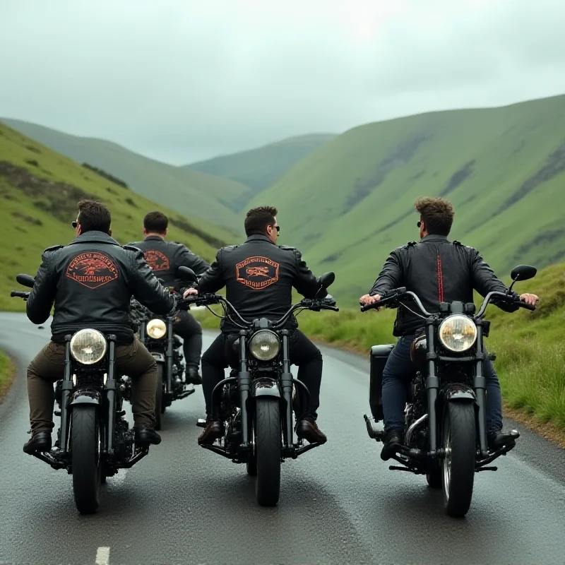 A group of bikers riding down a British road, wearing leather jackets and displaying club insignia.