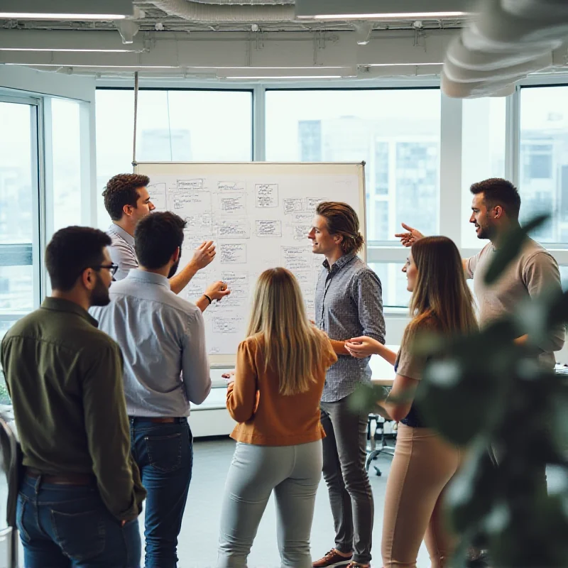 A diverse group of people collaborating and brainstorming in a modern office space, representing creativity and entrepreneurship.