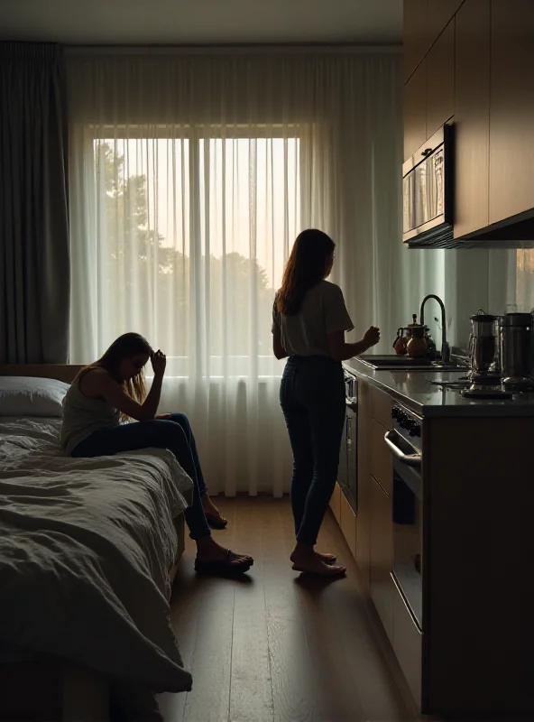 Two people in a modern apartment, one sleeping peacefully in a dimly lit bedroom, the other making coffee in a sunlit kitchen.