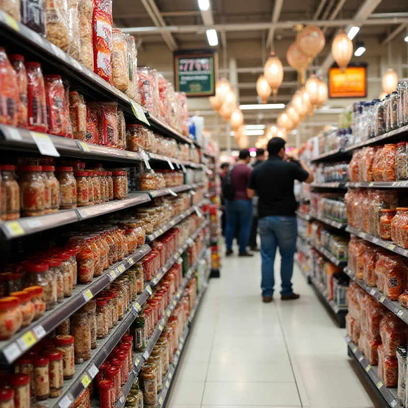 An aisle in a supermarket with products labeled with Ramadan-themed branding, including dates, nuts, and sweets.