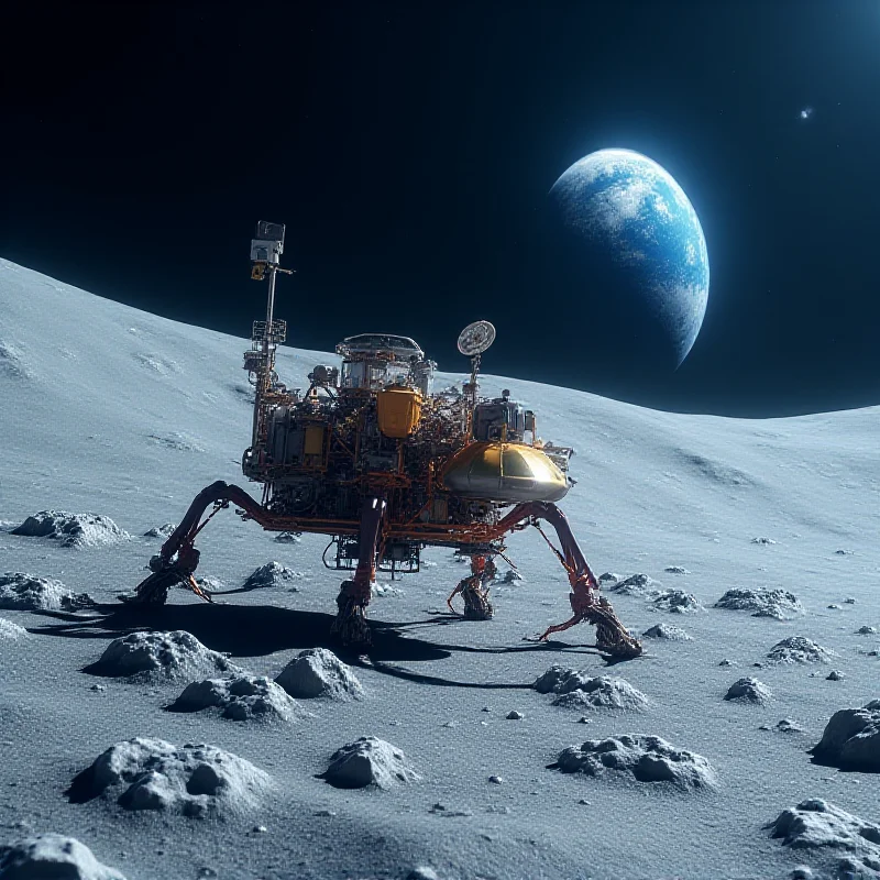 Artist's rendition of the Firefly Blue Ghost lunar lander on the surface of the moon, with the Earth visible in the background.