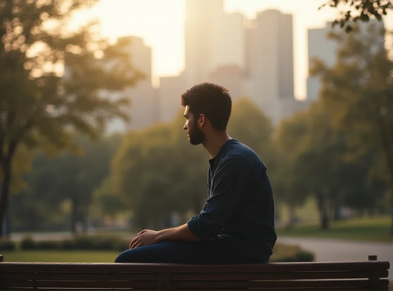 A person sitting on a park bench, looking thoughtful, with blurred city background.