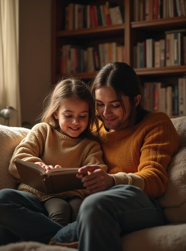 A parent and child sitting together, reading a book, with a warm, inviting atmosphere.