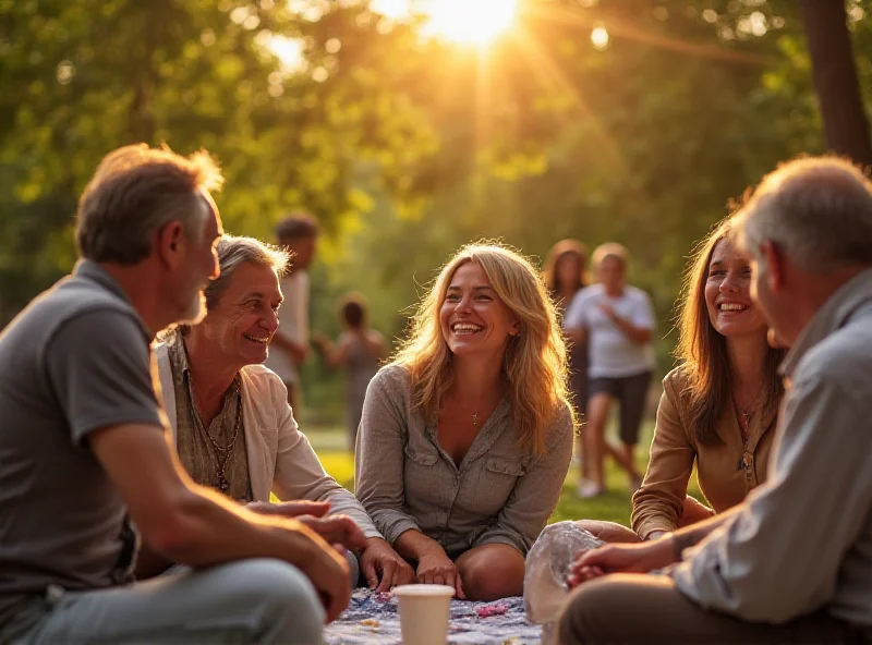 A diverse group of people laughing and talking together in a park, representing connection and community.