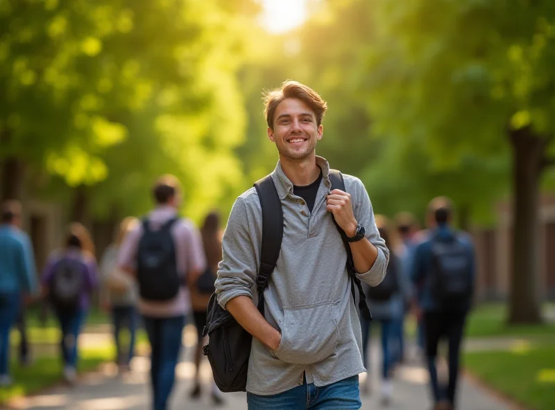 A young man happily walking on a college campus, surrounded by other students, sunshine, and green trees in the background.