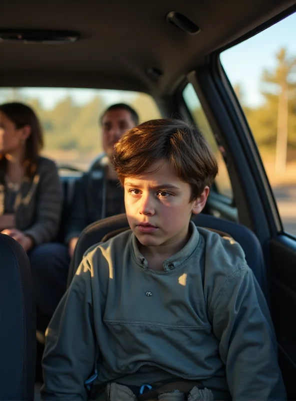 A teenage boy looking bored in the backseat of a car while his family drives through a scenic landscape. The parents are in the front, looking excited.