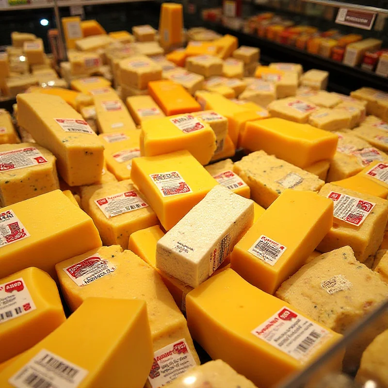 A colorful display of various cheeses at Trader Joe's. Different shapes, sizes, and textures of cheese are visible, with labels indicating their names and origins.