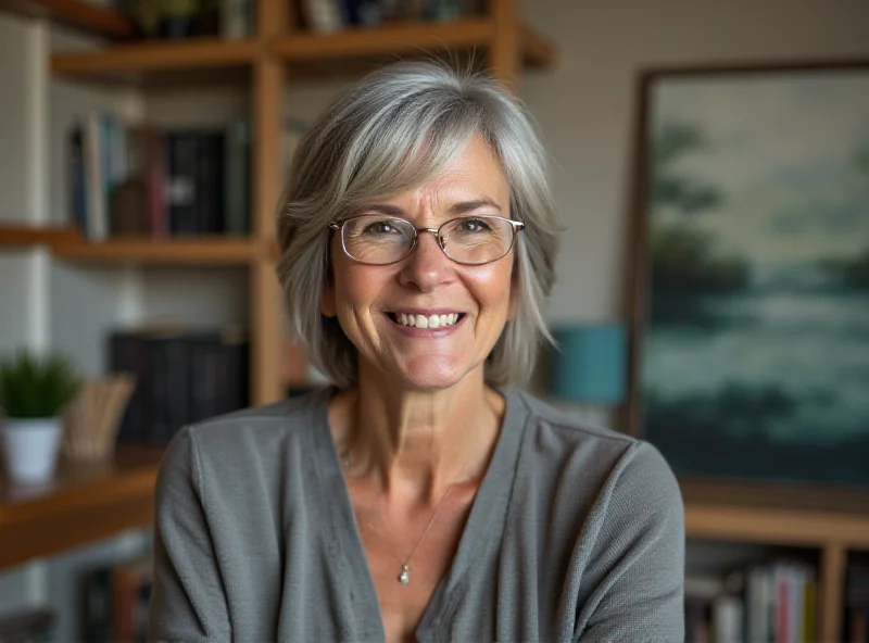 A woman in her 60s, smiling warmly and confidently, sitting in a modern office setting.