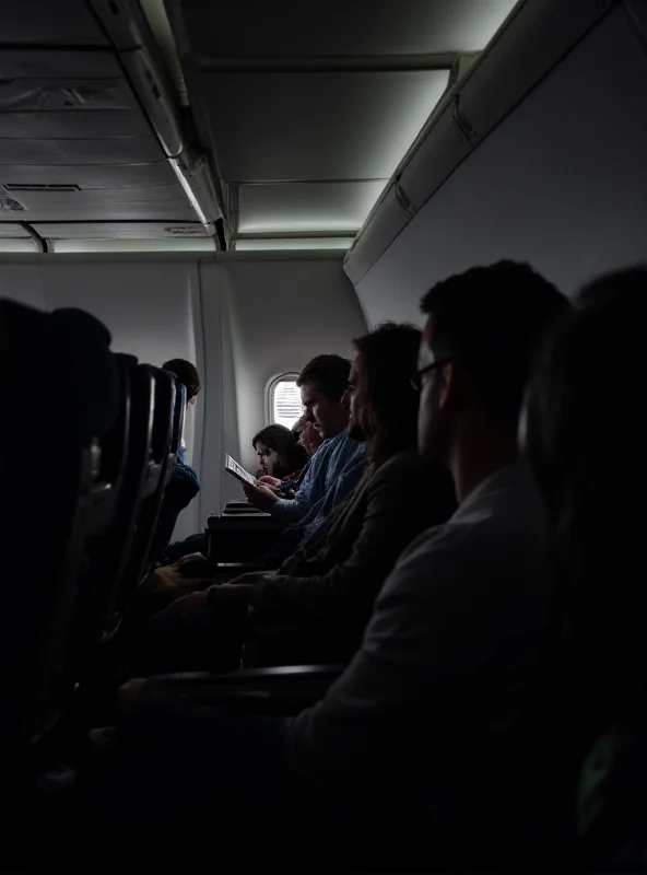 Interior of an airplane cabin with passengers.