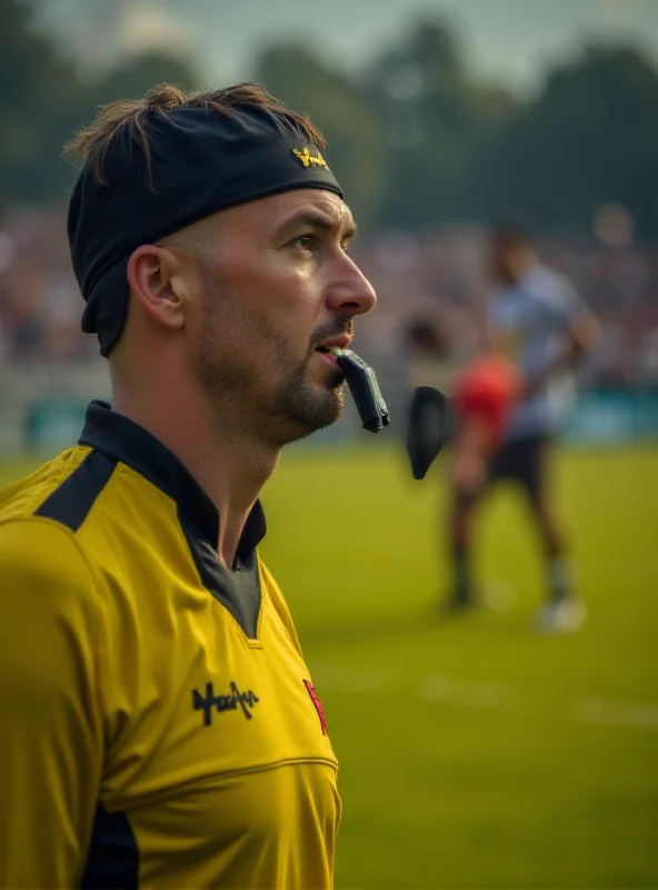 Close-up shot of a referee blowing a whistle during a football match.