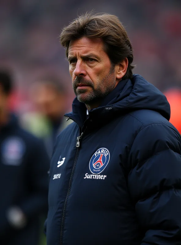 Luis Enrique, manager of PSG, observing a match from the sidelines with a focused expression.