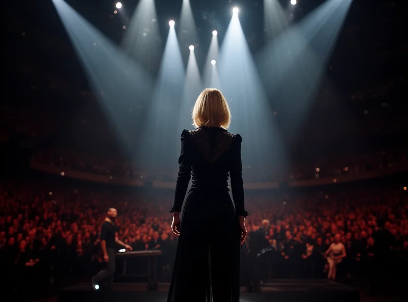 A stage view of Annie Lennox performing at the Royal Albert Hall. She is dressed in a dramatic outfit with bright lights shining behind her. The audience is visible in the background, showing a packed venue.