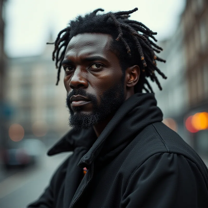 A portrait of Wretch 32 looking thoughtful. He is wearing a stylish jacket and standing against a blurred urban background. The image is slightly desaturated and has a gritty, realistic feel.