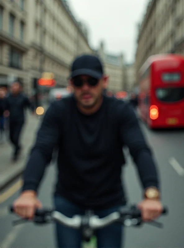 A blurry photo taken from a distance showing someone riding a Lime bike in London. The person is wearing a cap and sunglasses, obscuring their face. The background shows typical London street scenery.