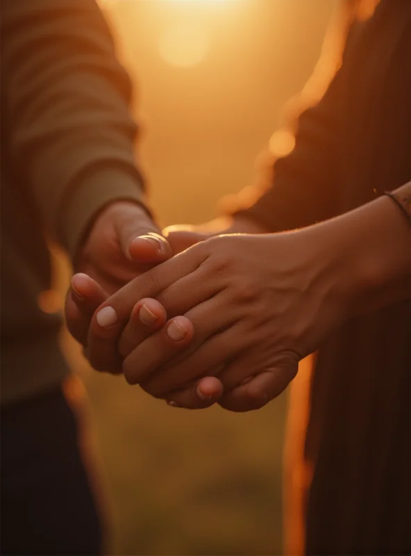 Close-up shot of a couple holding hands, emphasizing intimacy and connection.