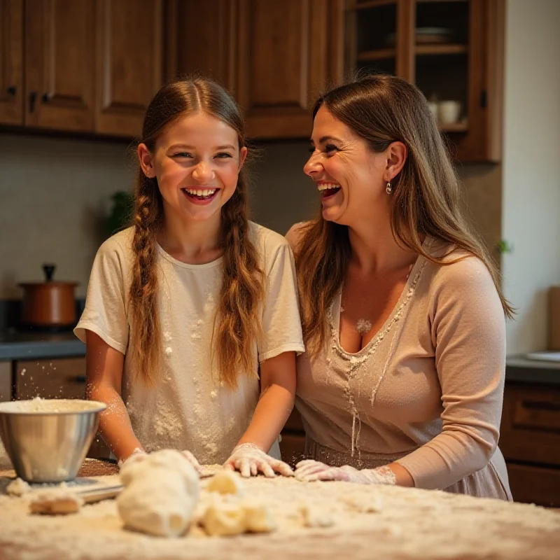 A teenage girl laughing with her mother while baking in the kitchen.